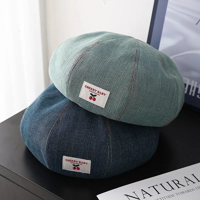 Beret Womens Hat Fashion Cherry Cloth Label Korean Style Washed Denim Cloth Sweet Cute Painter Hat Female Casual 250729