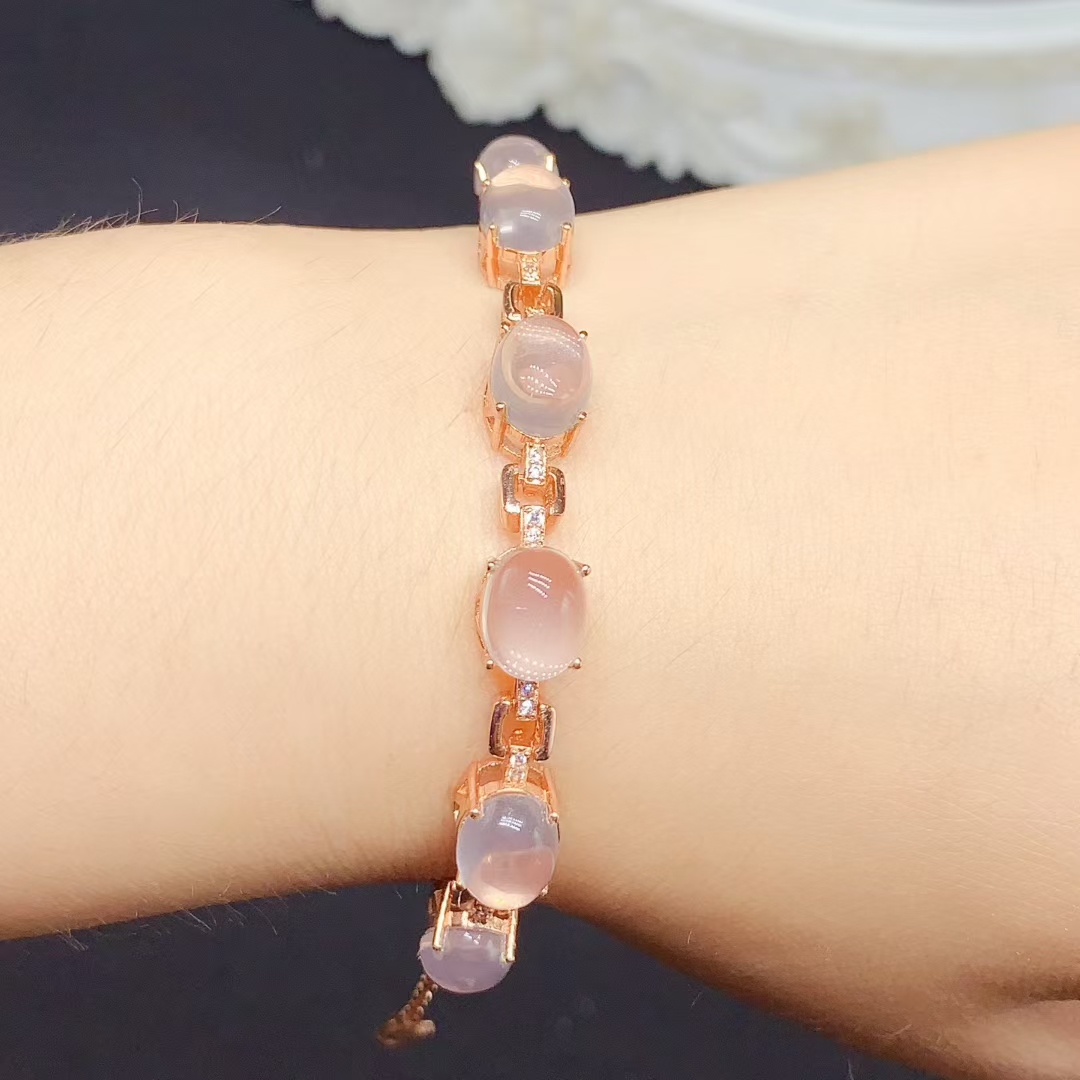 Natural Rose Quartz Bracelet for Party 7mm*9mm Total 12ct Rose Quartz Silver Bracelet with 18K Gold Plated 925 silver Gemstone Jewelry