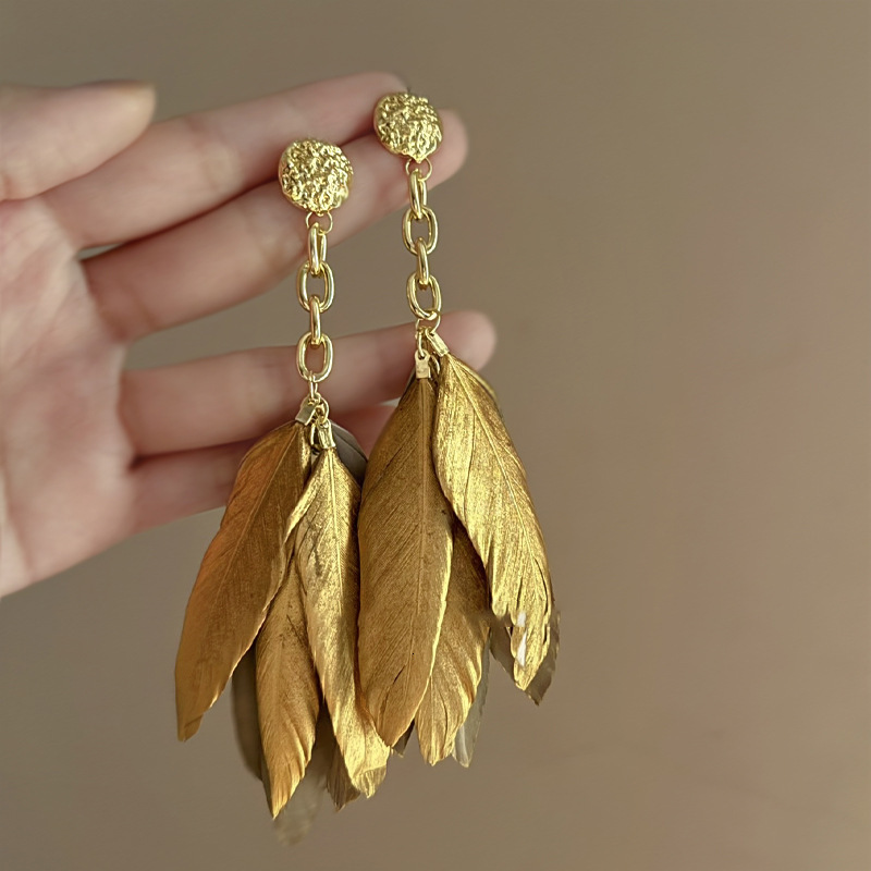 Sier Needle Gold Feather Tassel French Niche Exotic Ethnic New Chinese Style Earrings