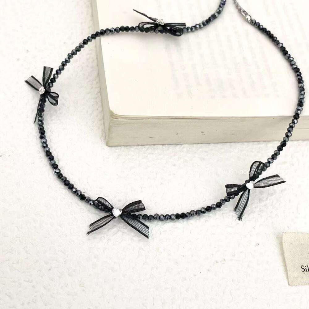 Sweet Girl Sheer Bow Necklace for Women Korean Dongdaemun Collarbone Chain Elegant Versatile Beaded Choker 777