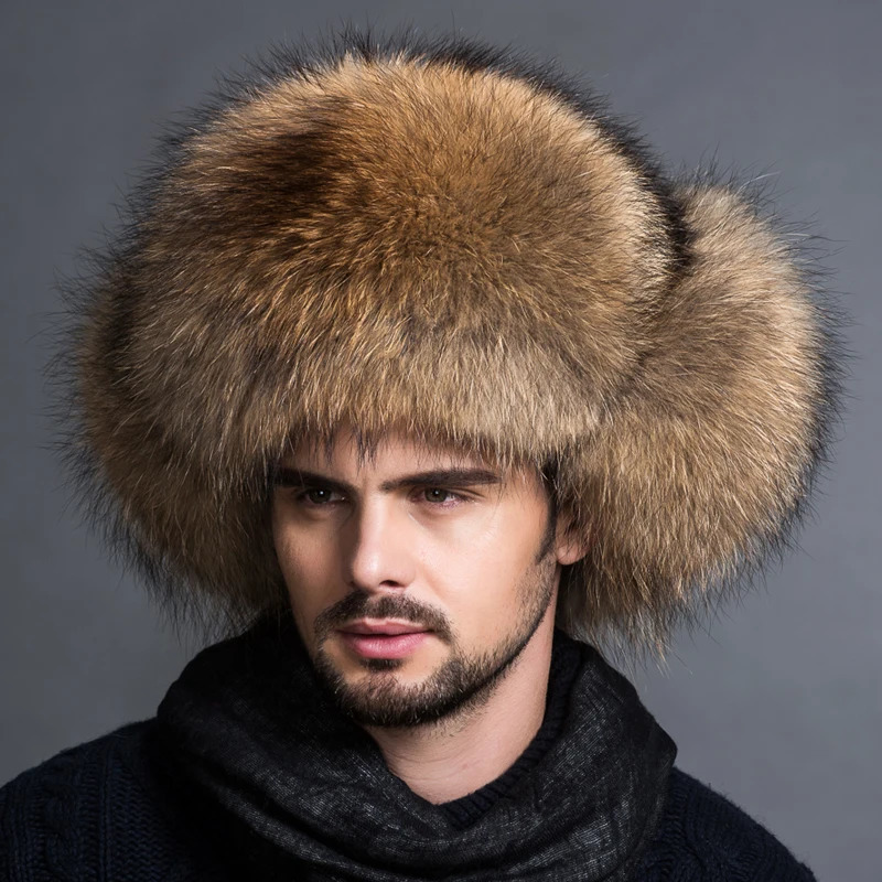 100% Fur Fox Skin Russian Businessmen Pilot Bombers Full Fur Mens Hat Ushanka Winter Ear Guard Hat Raccoon Fur Beanie Hat 250724