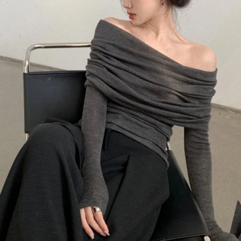 Autumn Women Long Sleeve Knitted Top Gray One Shoulder Sexy Y2k Women Sweater Winter Slim Solid Pullover Knitwear 250723