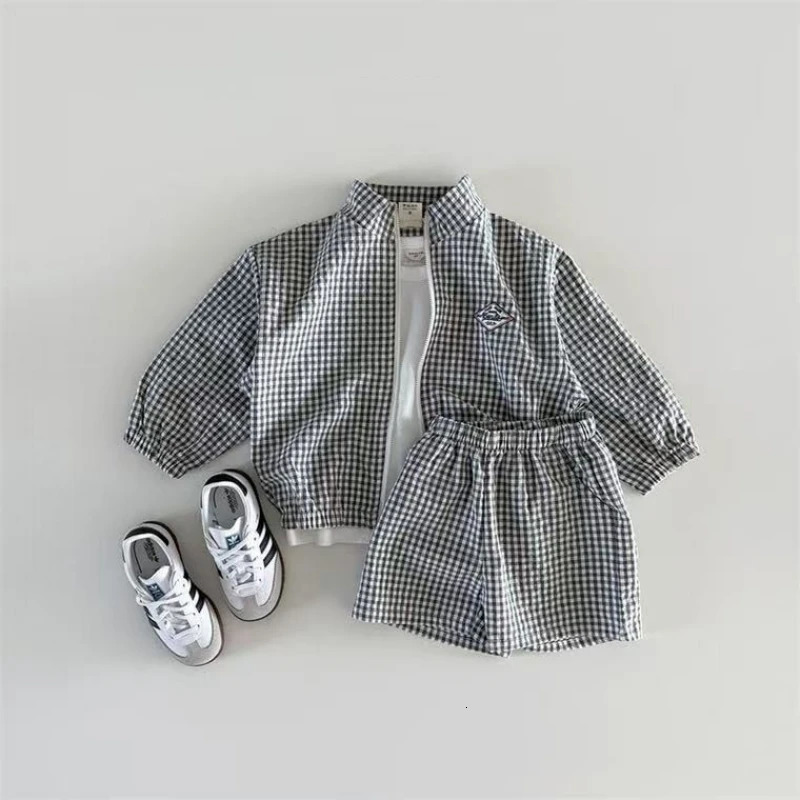 TZ2624 Summer Plaid Stand Collar Jacket And Shorts Set for Kids Thin Zipper Sun Protection Clothing Trendy Two-Piece Outfit 250729