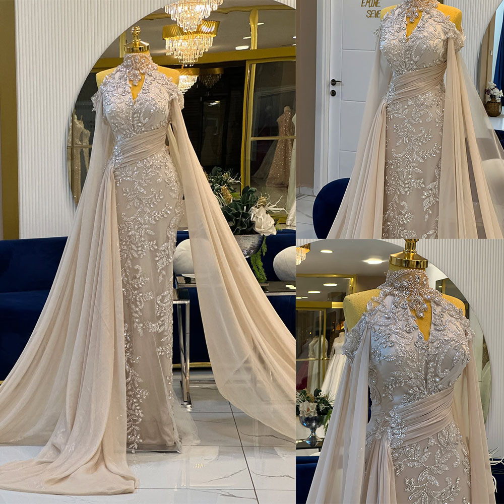 Vintage Beading Evening Dresses High Neck Prom Dress Rhinestone Long Sleeves Mermaid Princess Party Gowns Sweep Train Vestidos De Noche Plus Size