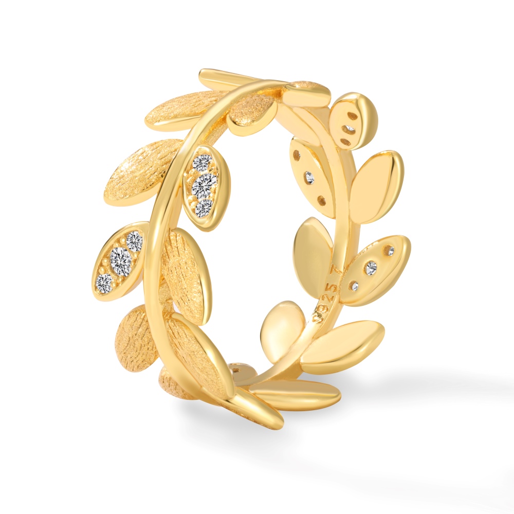 Women's 925 Silver Ring Plated with 18k Gold - Leaf Shape Design with Sparkling Cubic Zirconia Stones (Width: 9mm, Weight: 4.2g)