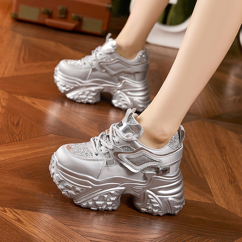 Platform Dad Sneakers for Women 2025 Spring New Rhinestone Fashion Hidden Heel Women's Versatile Sports Casual Shoes ddmysaturn