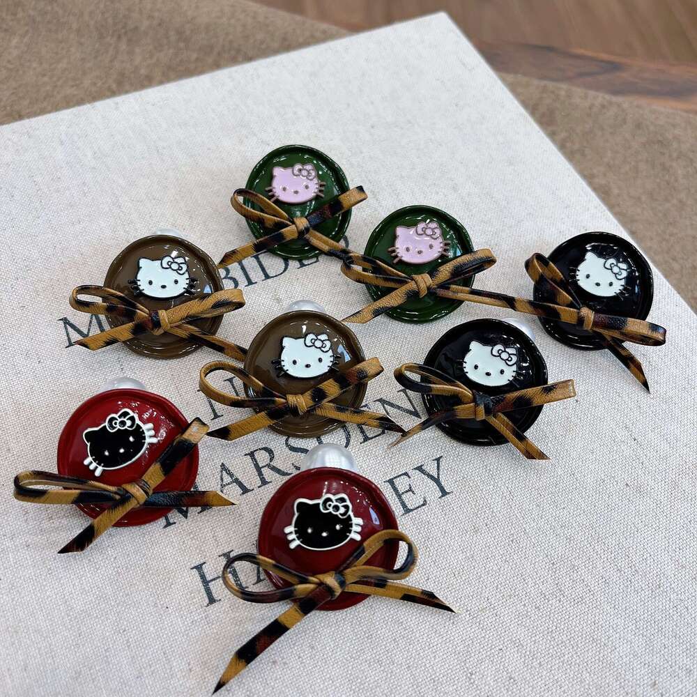 Autumn Winter New Round Cat Leopard Print Bow Fashion Sweet Cute Korean Style High-end Earrings for Women 281