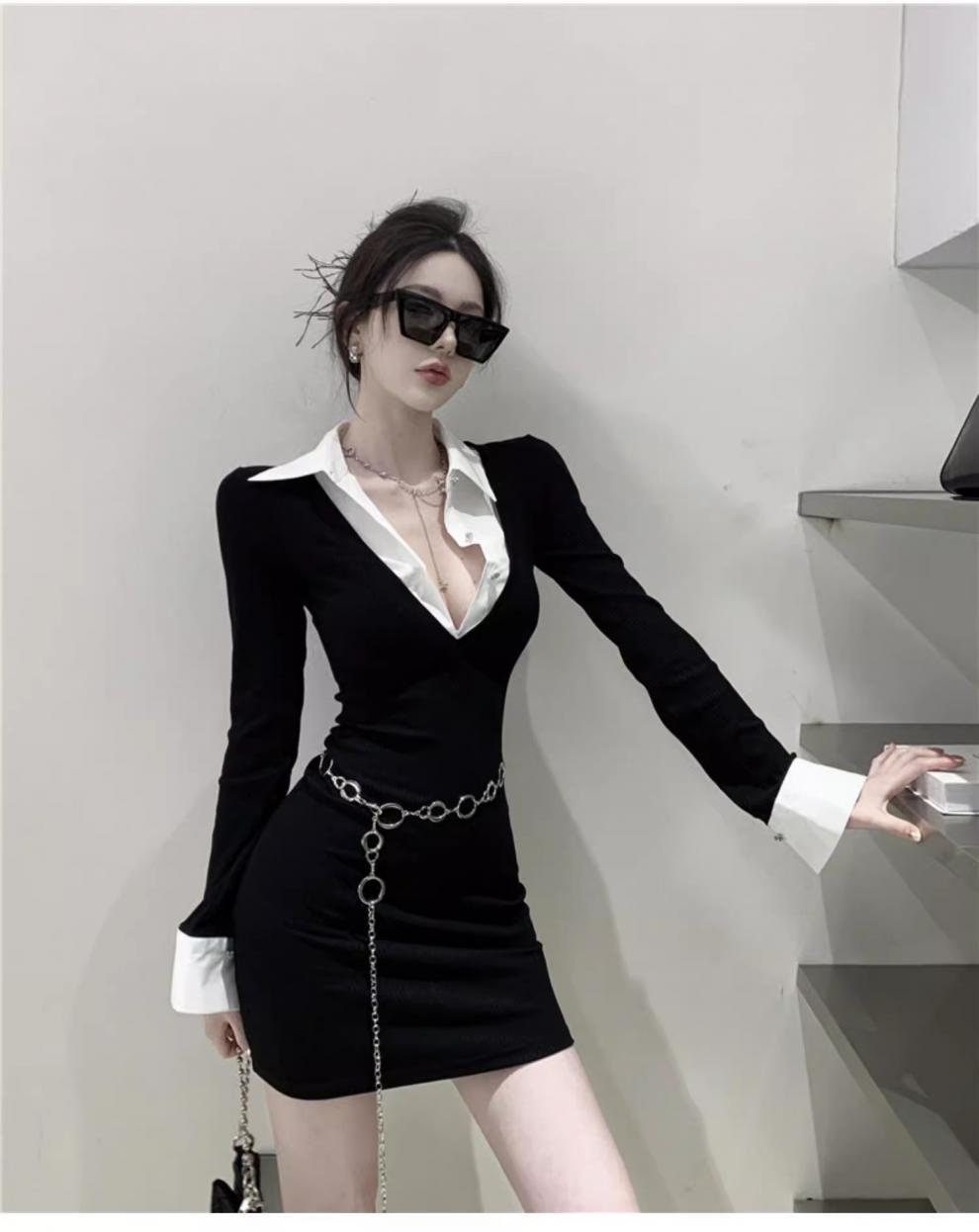Pure Desire Style Sexy Fake Two Piece Shirts Long sleeved V-neck Dress Spring and Autumn Dress Spicy Girl Wrapped Hip Short Skir