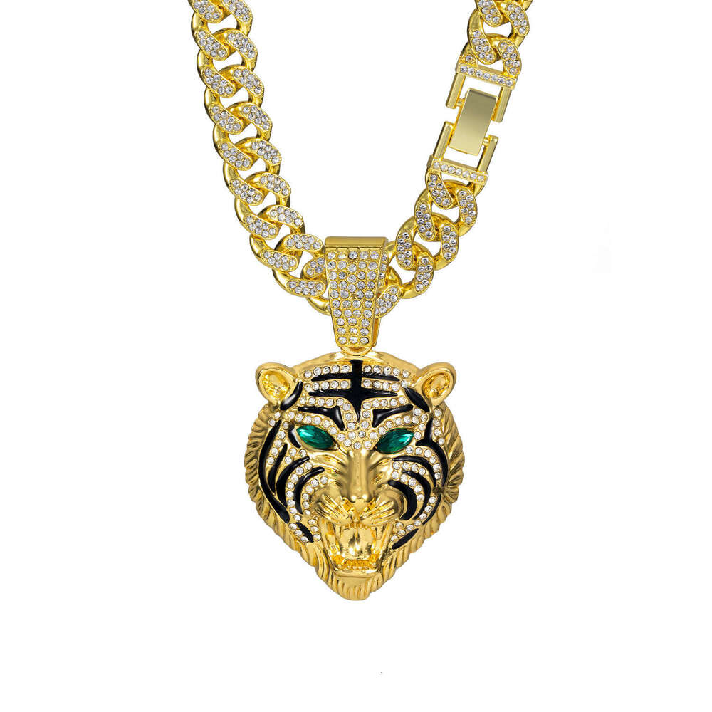 Full Dia Multi-color Tiger Head Pendant Creative Alloy Cuban Chain Hip-hop Personality Domineering Necklace