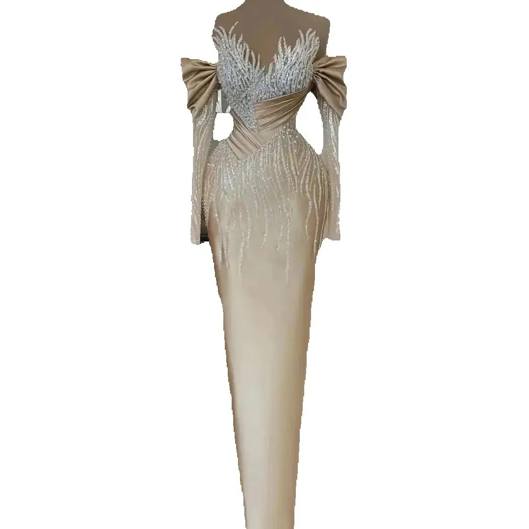 Elegant Sequined Lace Evening Dresses Customized Sexy Off The Shoulder Beading Prom Dress Long Sleeve Floor Length Party Gown