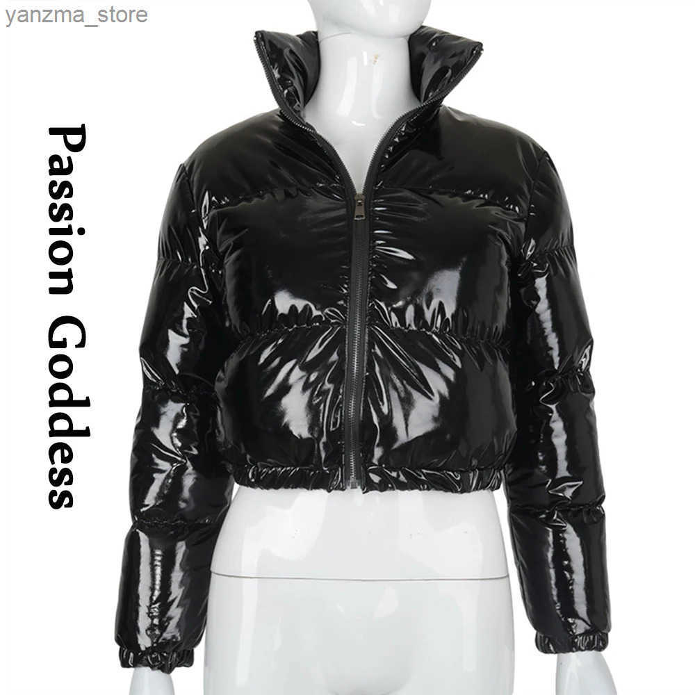 Winter Party Women Bright PU Red Puffer Jackets Warm Puffly Bubble Coats Shiny Black Leather Cropped Jackets Zipper Parkas Down L250730