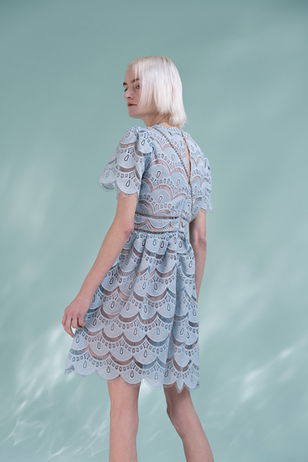 Women's Elegant Blue Lace Mini Skirt High Waist V-neck French Style Blue Water-soluble Lace Dress 6116451