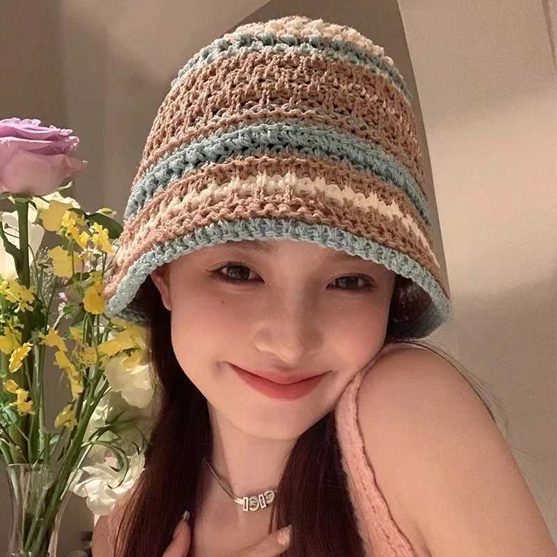 Handmade Crochet Striped Hat For Men Hollow Knitted Cotton Panama Fisherman Hats Summer Holiday Sun Cs Y250730