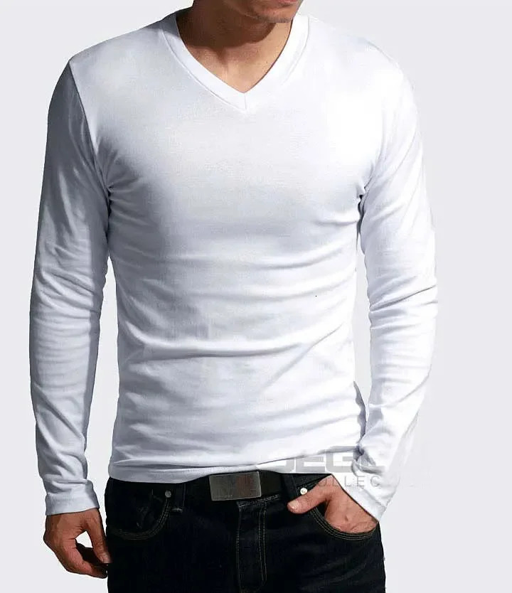 Elastic Mens TShirt VNeck Long Sleeve Men T Shirt For Male TShirts Clothing Solid Color Tops Tees 250729