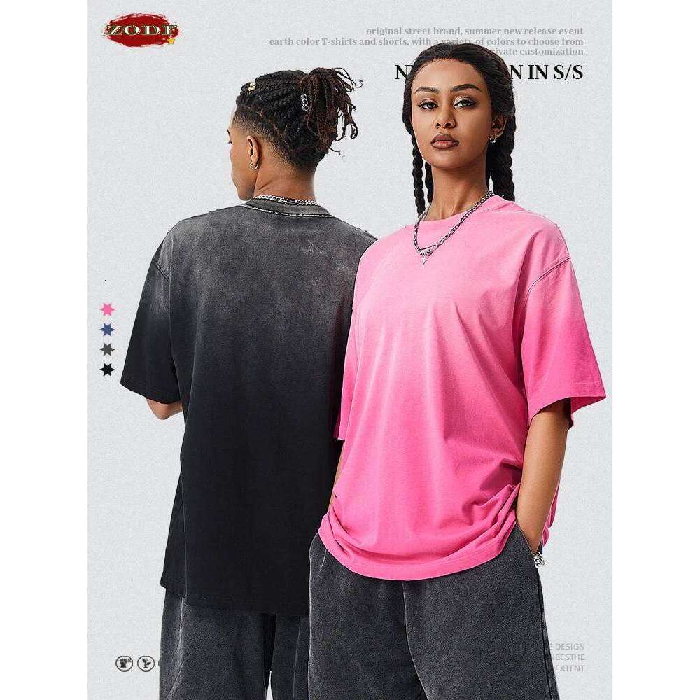 ZODF New Men's Summer Washed Gradient Cotton T-Shirts Unisex Women Retro Distressed 310gsm Ripped T Shirt Brand Tops HY0859