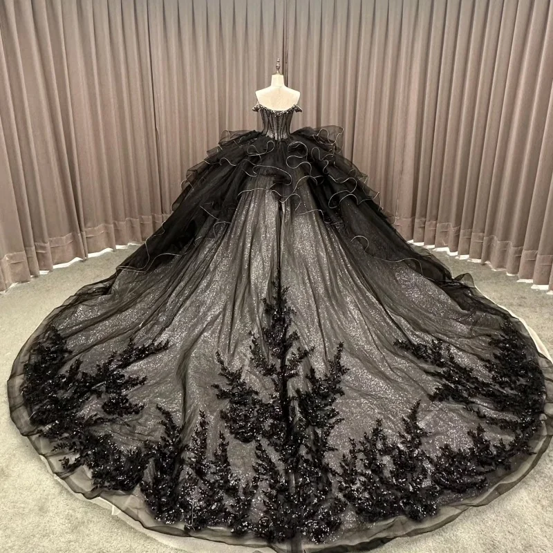 Black Princess Ball Gown Quinceanera Dresses Lace Appliques Crystals Beading Tull Sweet 16 Dress vestidos de 15 Anos