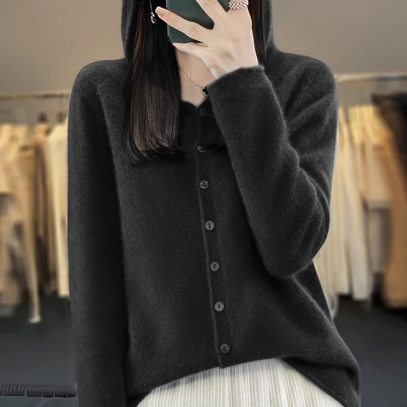 First Line 100% Merino Wool Knitted Cardigan Womens Autumn And Winter Hoodie Loose Sweater Fashionable Versatile Coat Top YC014 250730
