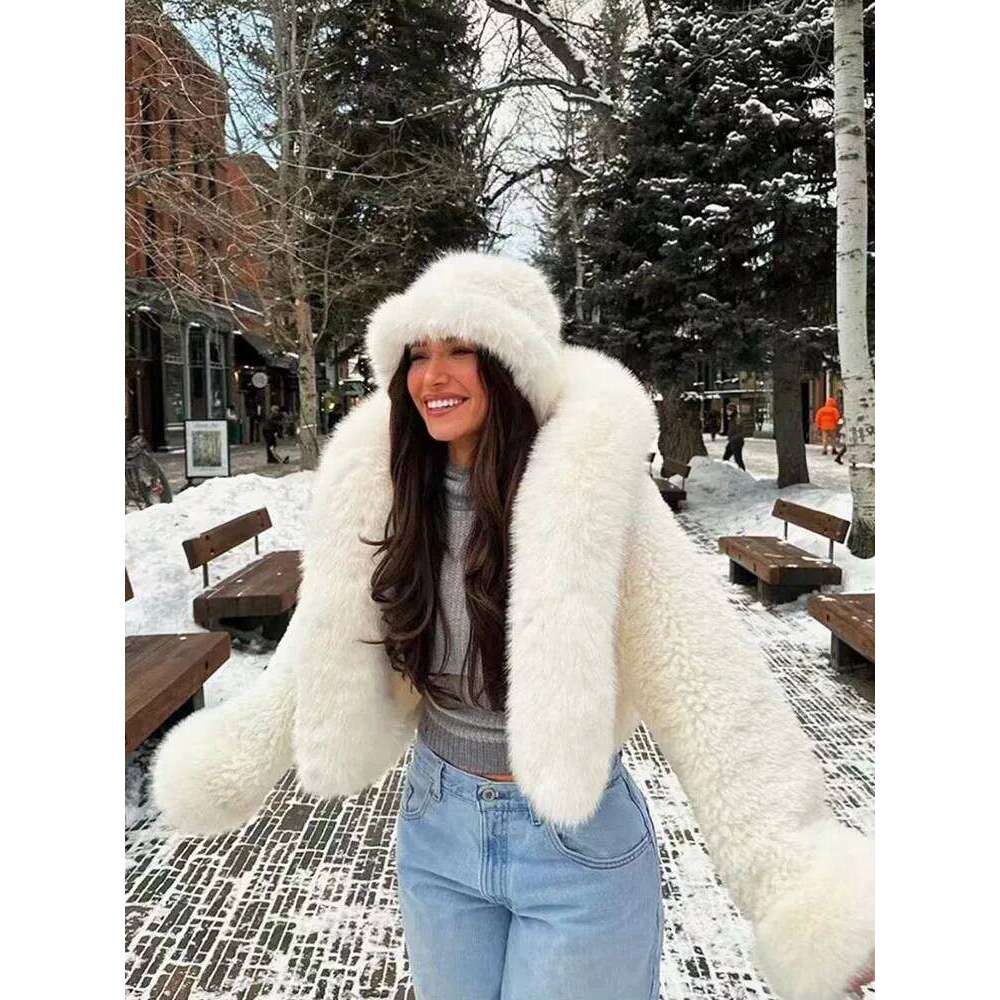 ZADORIN High Quality Coats Hooded Cropped White Black Faux Coat Woman Clothing Fluffy Fur Jacket Winter Outerwears