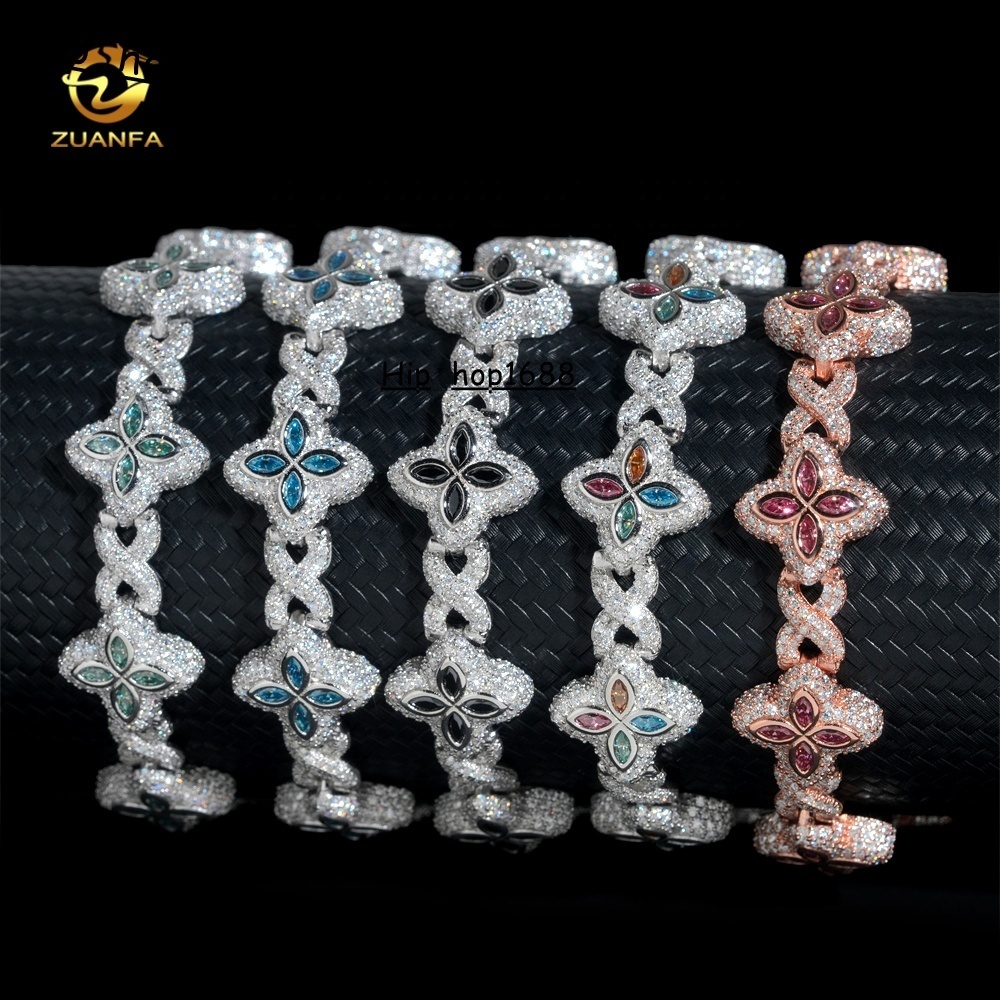 Hot Selling Colorful Hip Hop Iced Out Jewelry 15mm 925 Silver Clover Cuban Moissanite Infinity Link Bracelet for Men