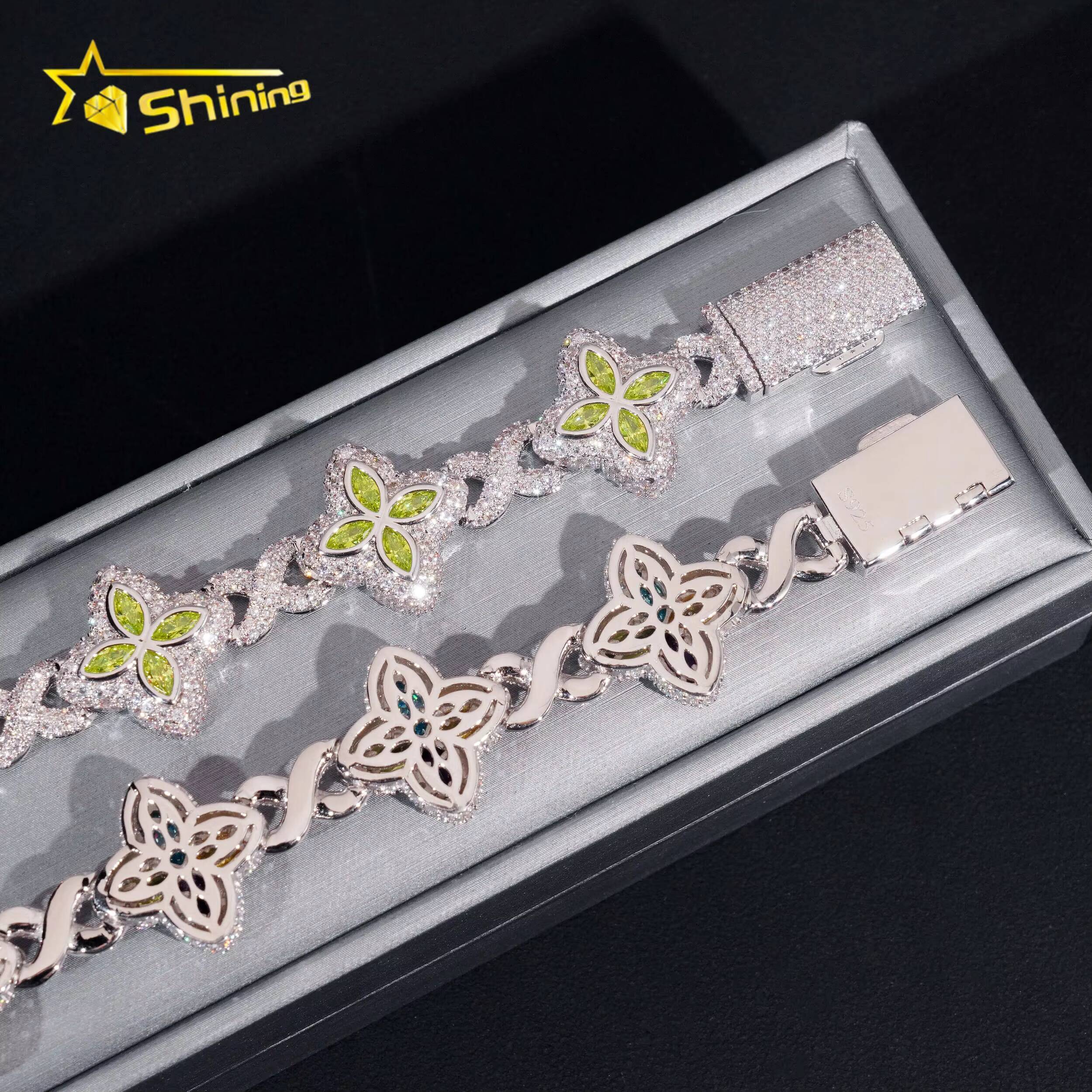 New Arrivals 925 Silver Color Marquise Clover Hip Hop Moissanite Diamond Infinity Link Bracelet