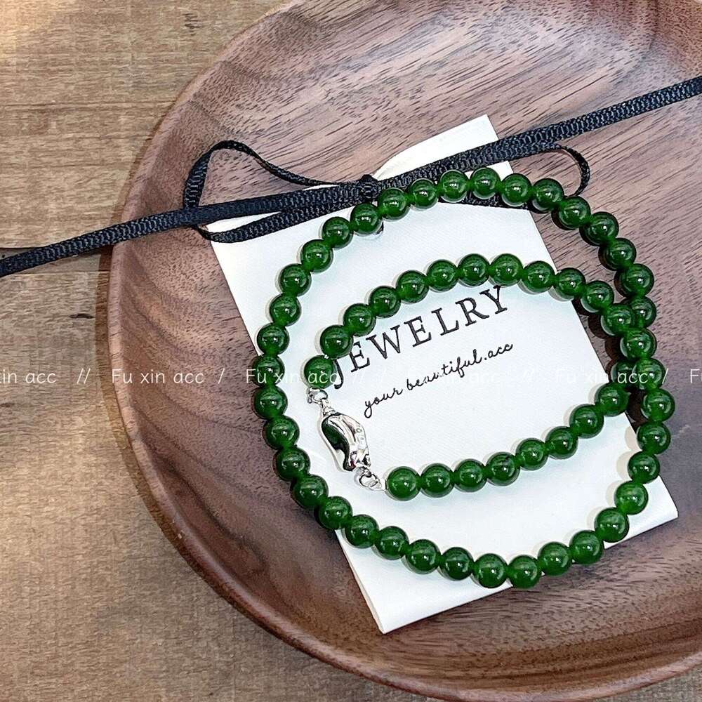 Natural Green Chalcedony Jade Beaded Necklace Design Sense New Chinese Style Collarbone Light Ultra Smooth Neck Chain Versatile b70