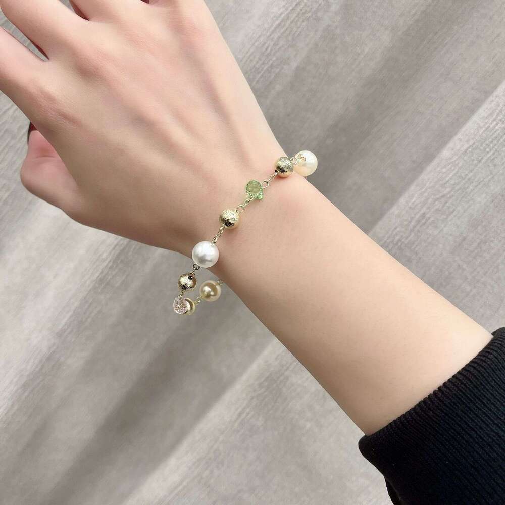 Geometric Smooth Metal Round Bracelet with Beaded Chain, Brushed Bead Bracelet, Gold Color, Light , Niche, High-End Fashion 6c6