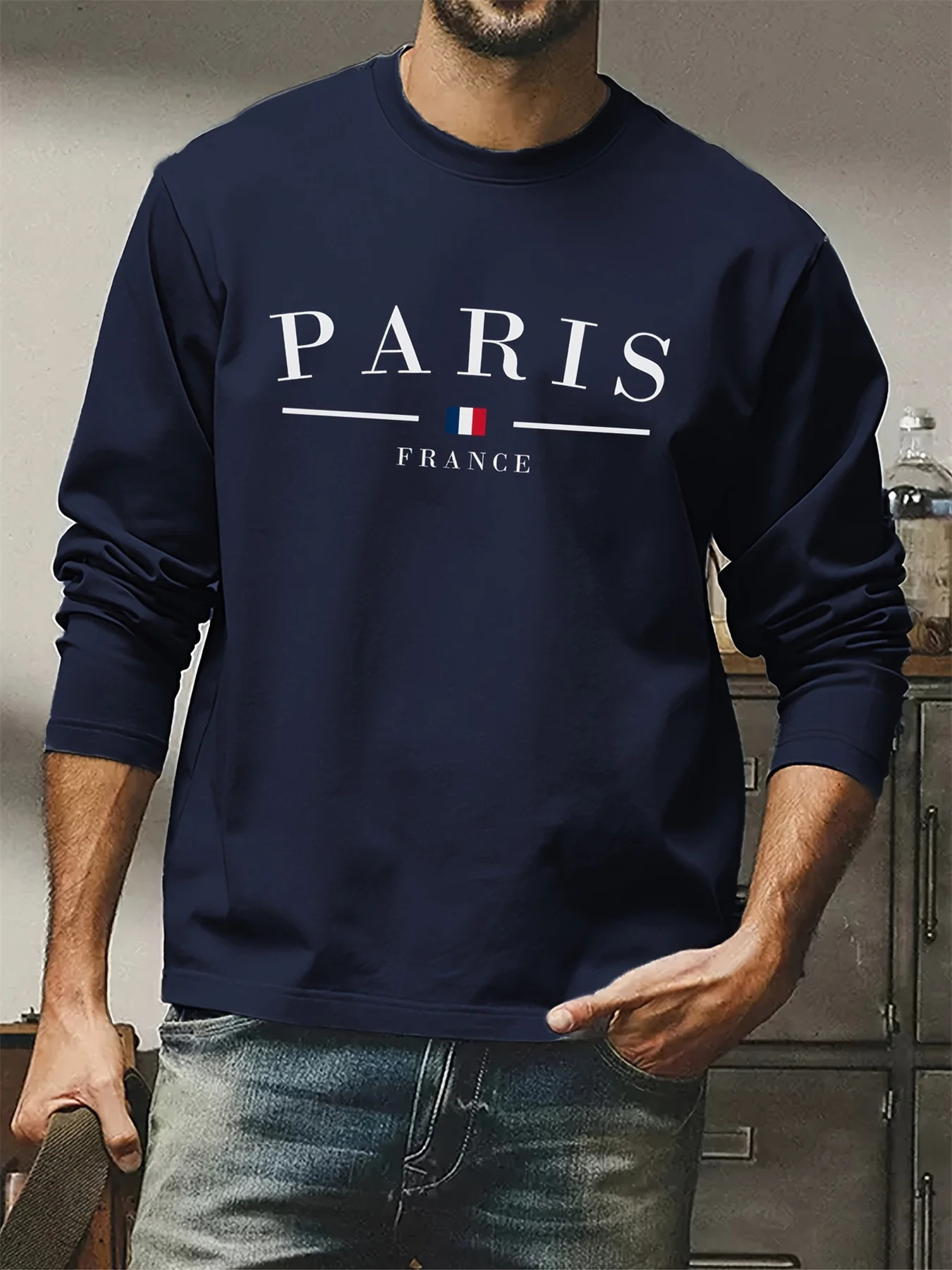 Mens 100% pure cotton comfortable casual loose oversized Paris France pattern printed round neck long sleeve Tshirt top 250729