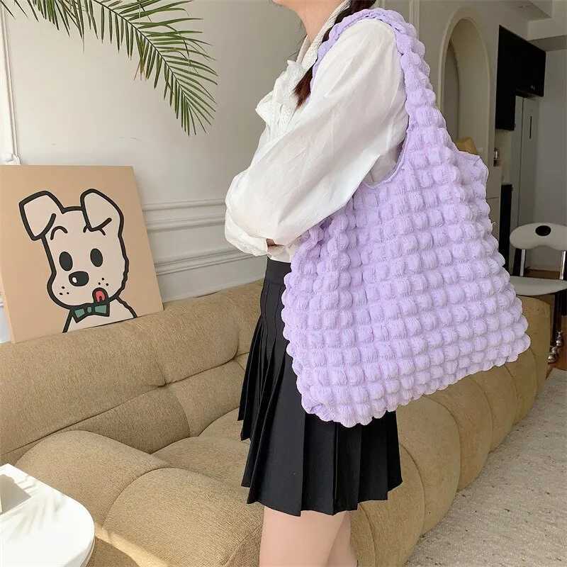 Summer Pleated Bubble Cloud Wen Shoulder Bag Vintage Candy Color Large Capacity Shopping Tote Bag Y250730