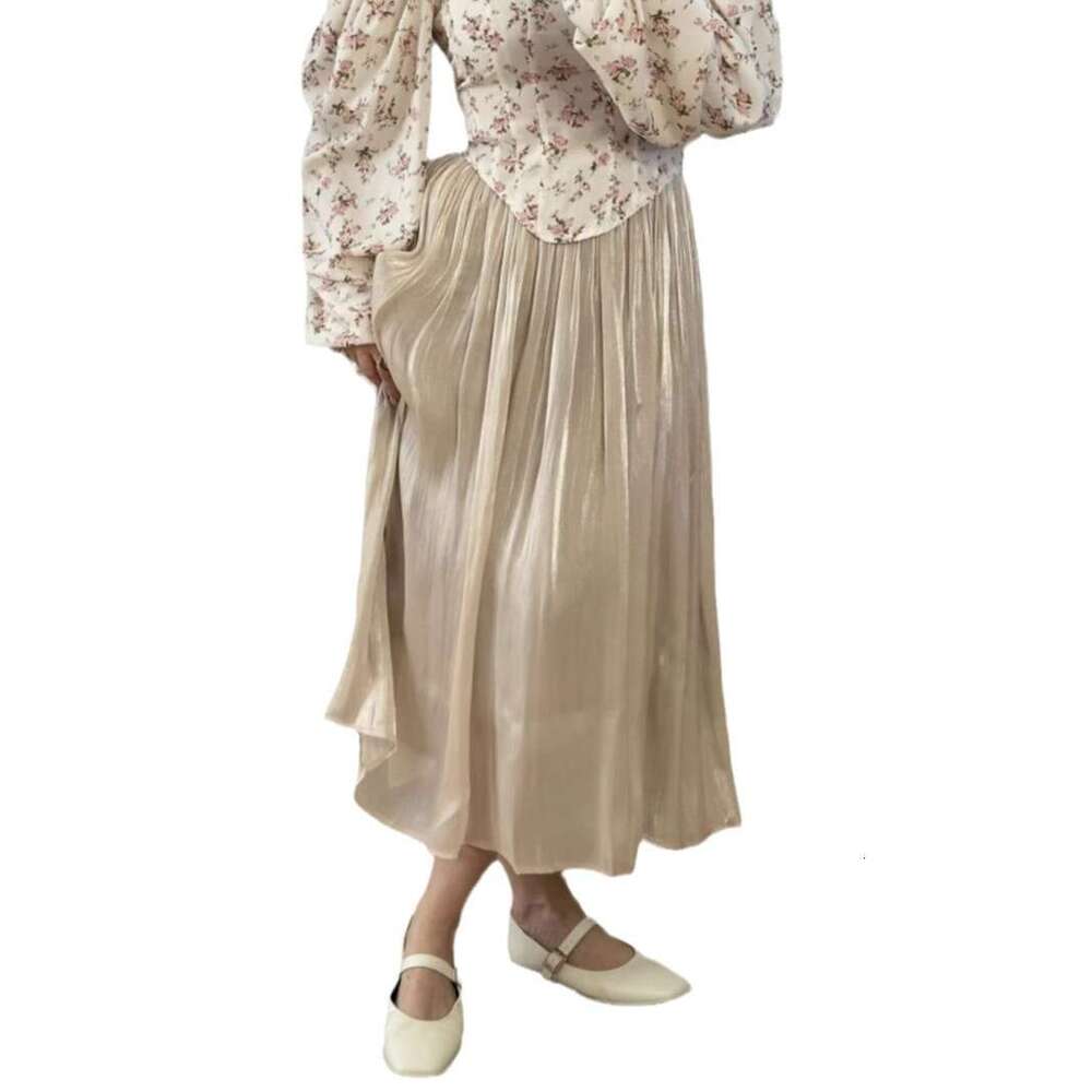 New Style Silky Glossy Midi French Elegant Versatile Pleated Mid-Length Skirt For Women Ins B5