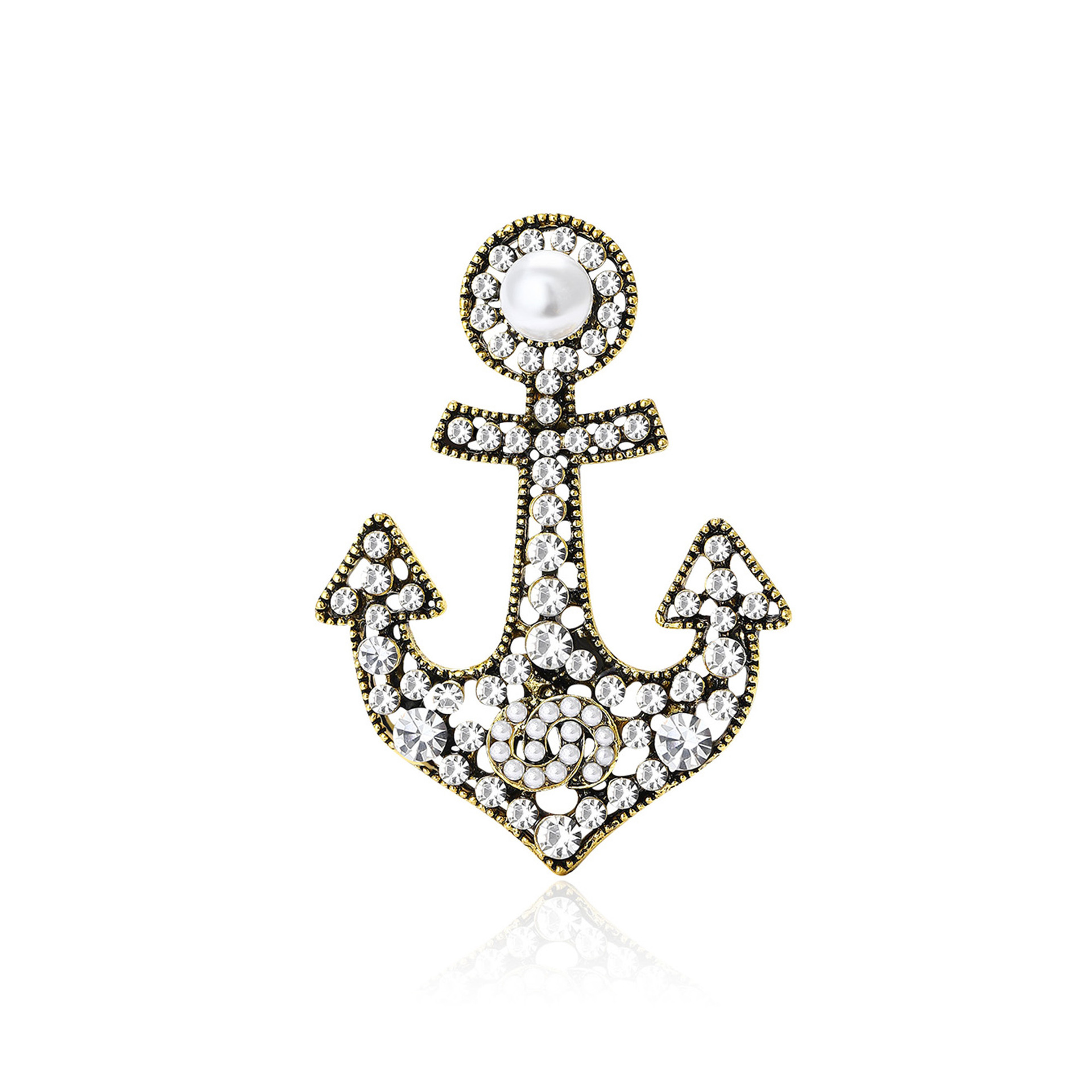 Vintage - Style Gold Tone Rhinestone - Encrusted Anchor Brooch With Pearl Accent Nautical Party Jewelry And Gift For Him/Her High Quality And Stylish 