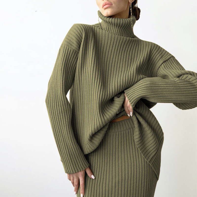 Wind Pit Stripe Half Skirt High Neck For Women Loose Warm Pullover Sweater Two-Piece Set B5