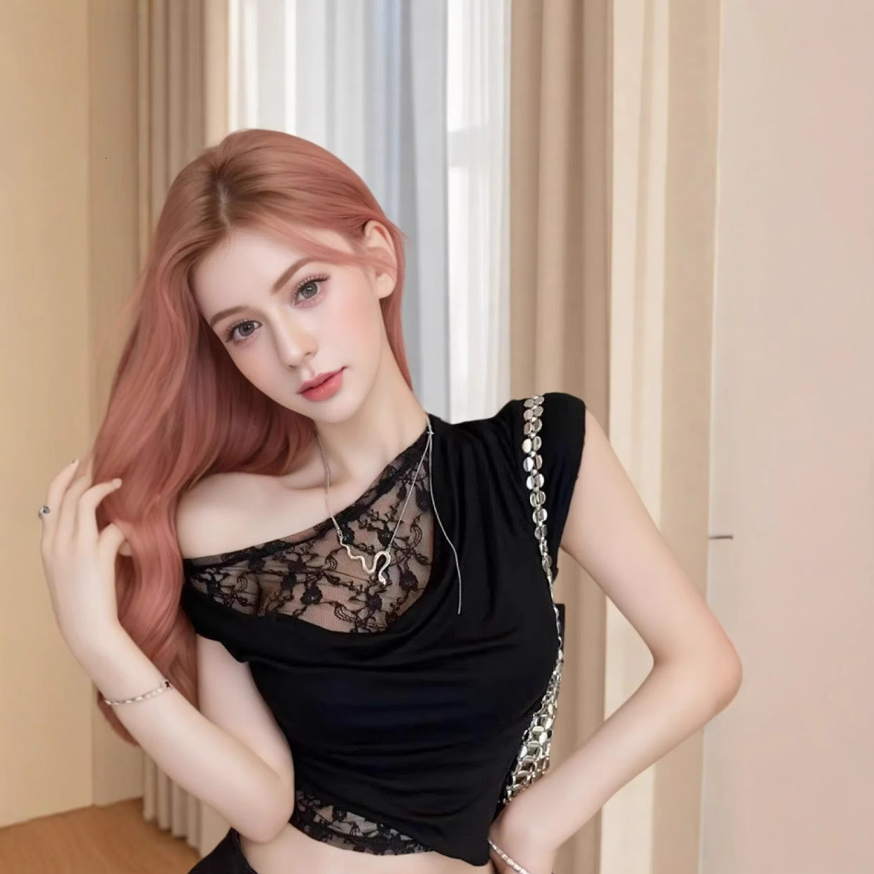 2025 new pure desire style swing collar patch lace short sleeved T-shirt irregular design short top fashionable new designer T-shirt