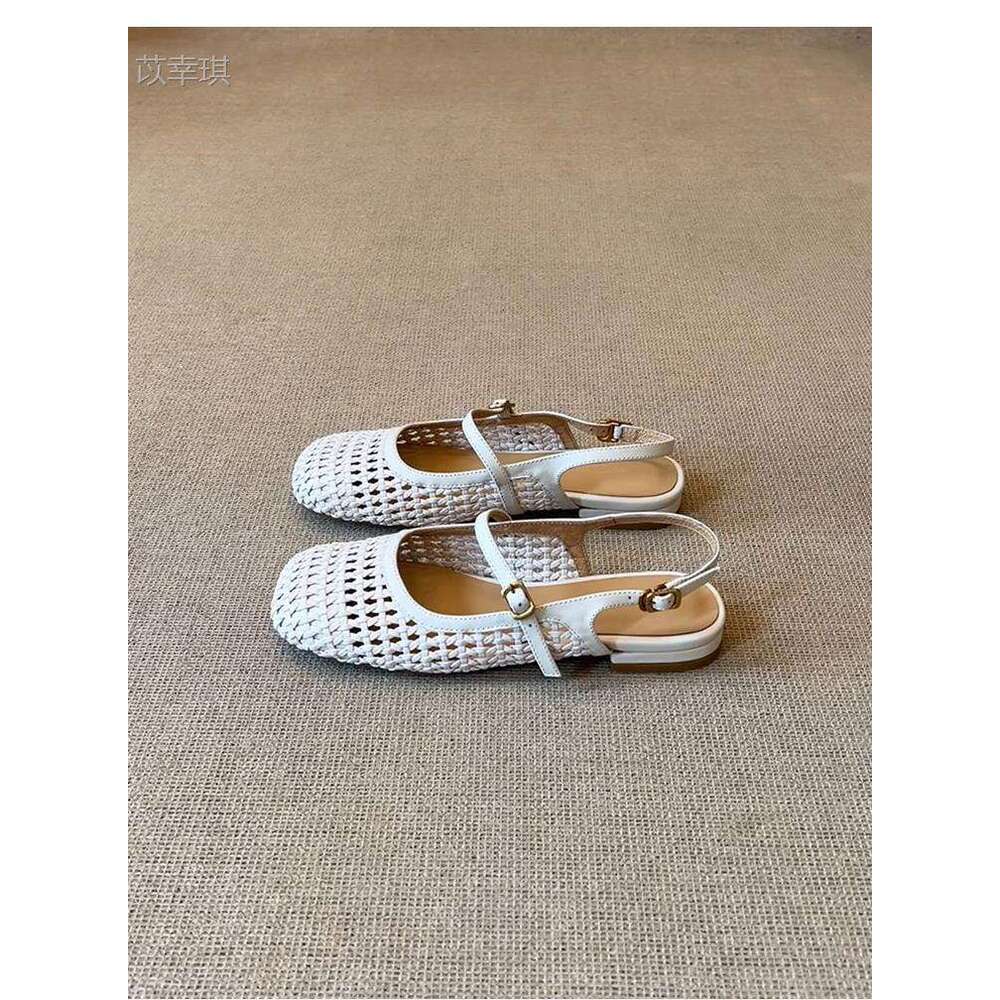 Sheepskin Fashion Woven Hollow Breathable Closed-Toe Sandals for Women Comfortable One-Strap Genuine Leather Square-Toe Roman Shoes