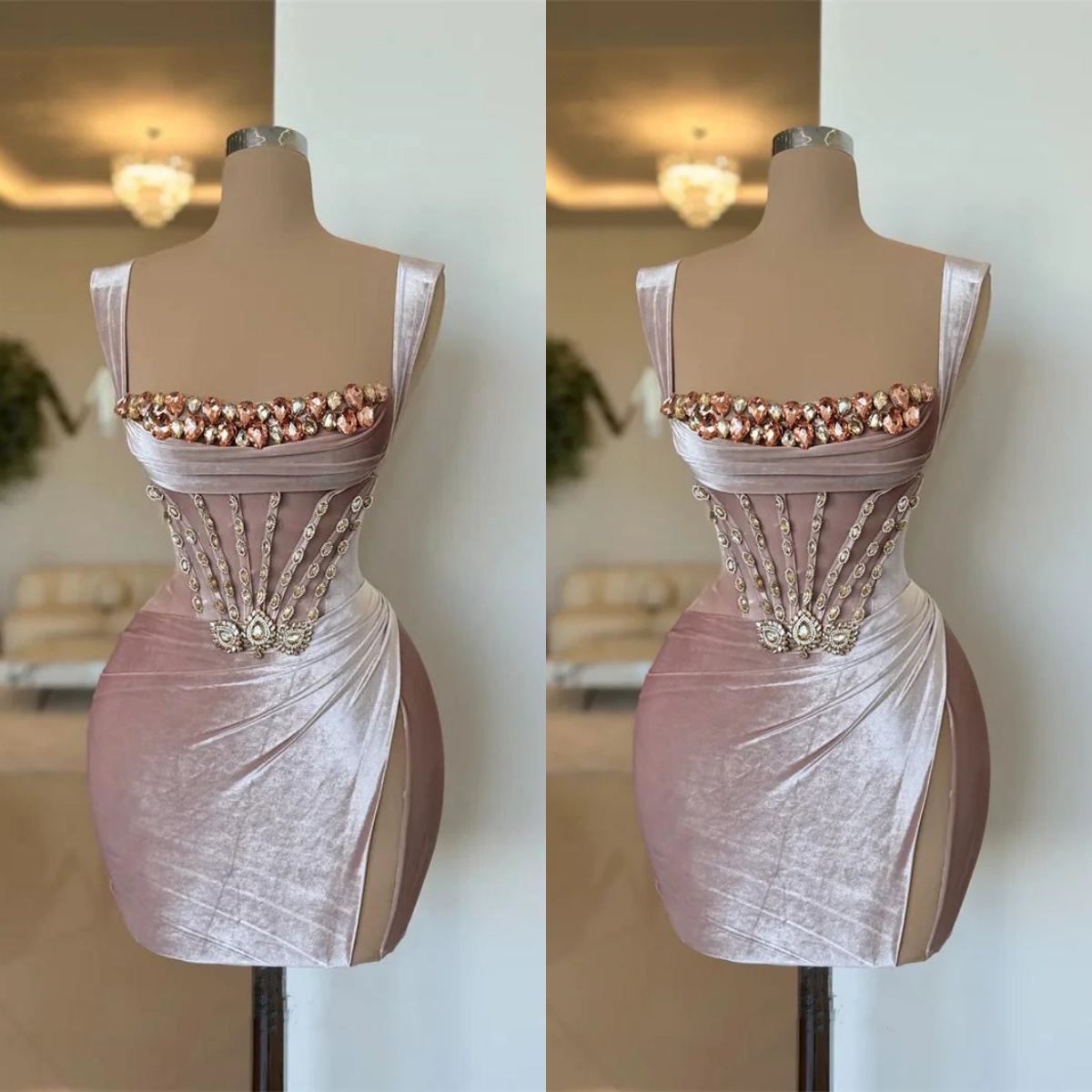 Retro Cocktail Dresses Crystal Velvet Mini Short Evening Prom Gowns Spaghetti Strap Side Split Custom Made Sleeveless Graduation Ball Club Party Dress