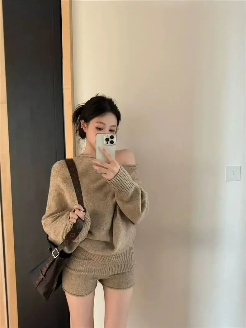 Korean Elegant Sweater Short Sets Women Autumn Winter Slanted Shoulder Knitted Sweaters High Waist Shorts Two Piece Set 250723