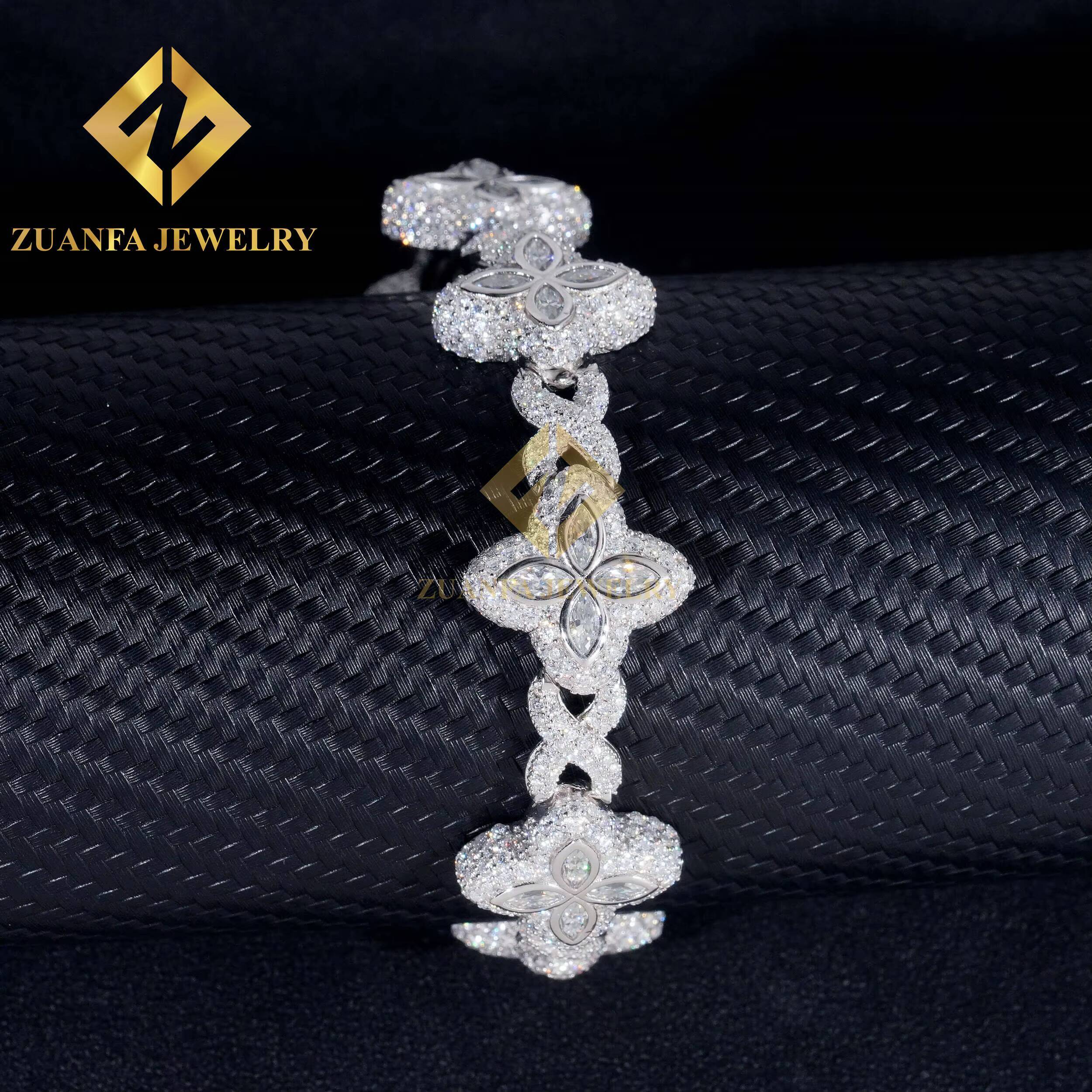Fine Jewelry Luxury Flower New Fashion Clover Cuban Bracelets Sterling Silver 925 Gold Plated Moissanite Cuban Chains