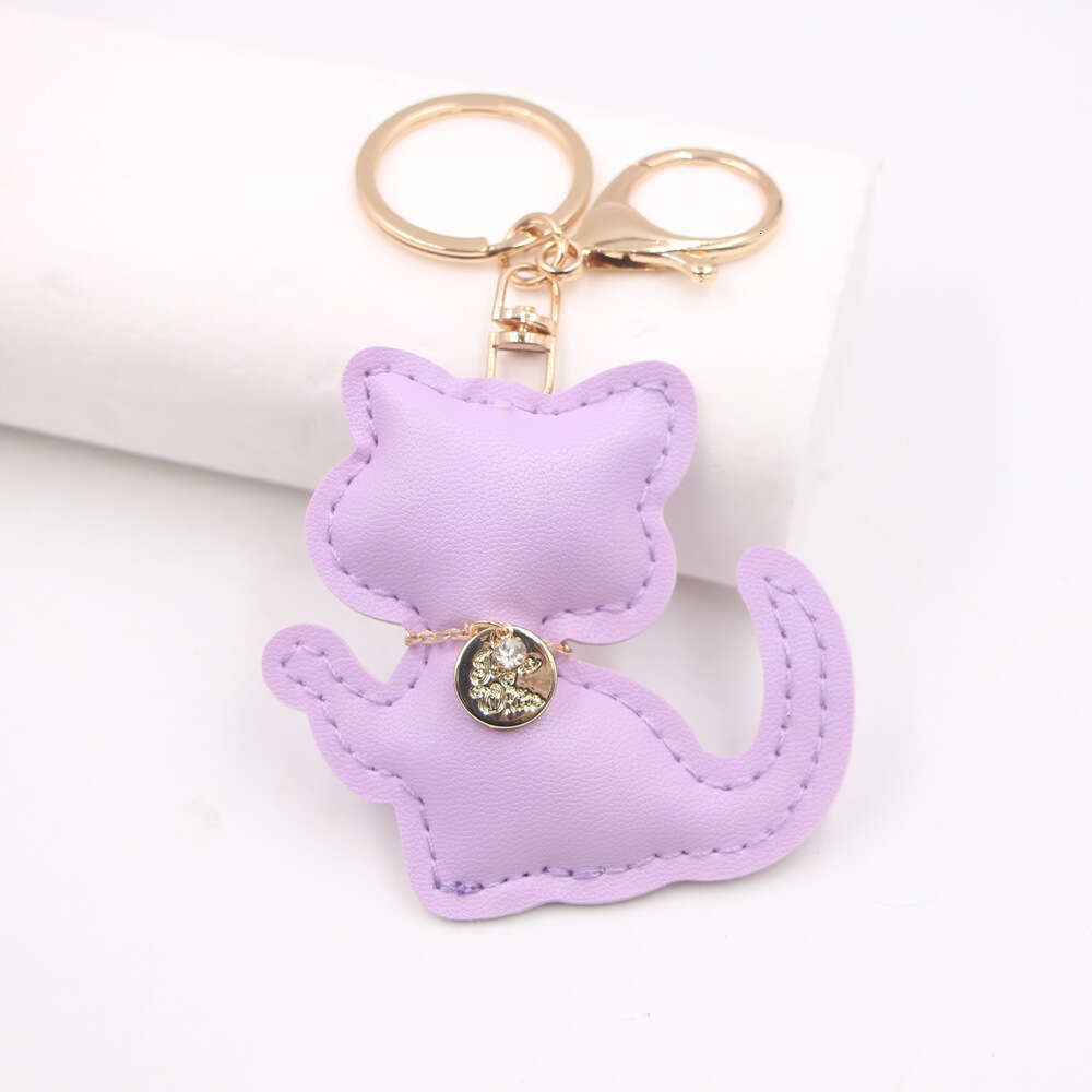 Trendy Lucky Cat Keychain - PU Leather Bag Charm & Car Accessory (12 Colors) Cute Fortune Cat Pendant for Purse/Wallet