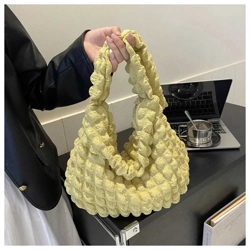 Wrinkled Design Embroidered Plaid Shoulder Bag Underarm Bag Simple Large Capacity Quilted Tote Bag for Women Y250730