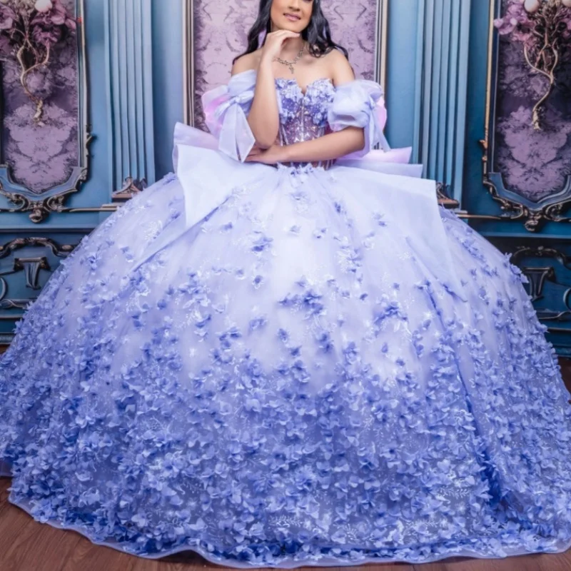 Blue Shiny Quinceanera Dresses Off The Shoulder Applique Flower Beading Crystal Tulle Vestidos De 15 Anos Sweet 16 Dress