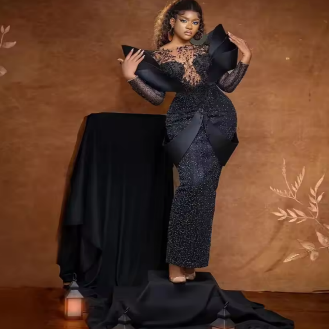 Luxury African Evening Dresses Sexy Mermaid Black Lace Prom Gowns Off Shoulder Prom Dresses Customized