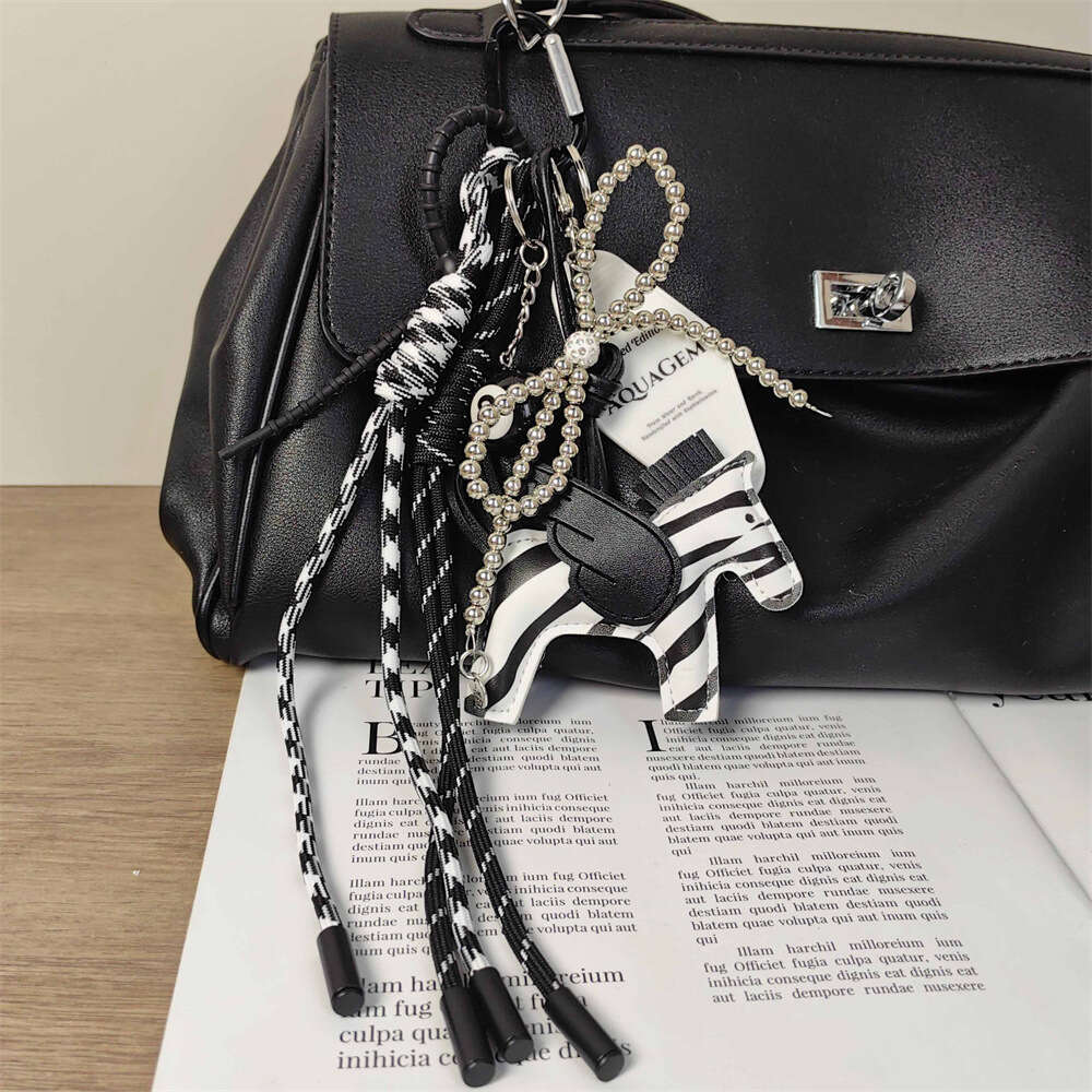 Black and White Zebra PU Leather Little Pegasus Silver Pearl Bow Keychain Unisex Bag Pendant