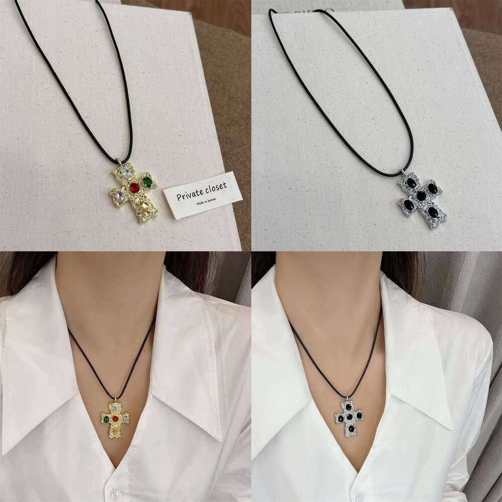 Korean Ins Style Cross Black Unisex Leather Cord Y2k Subculture Versatile High-end Necklace d94
