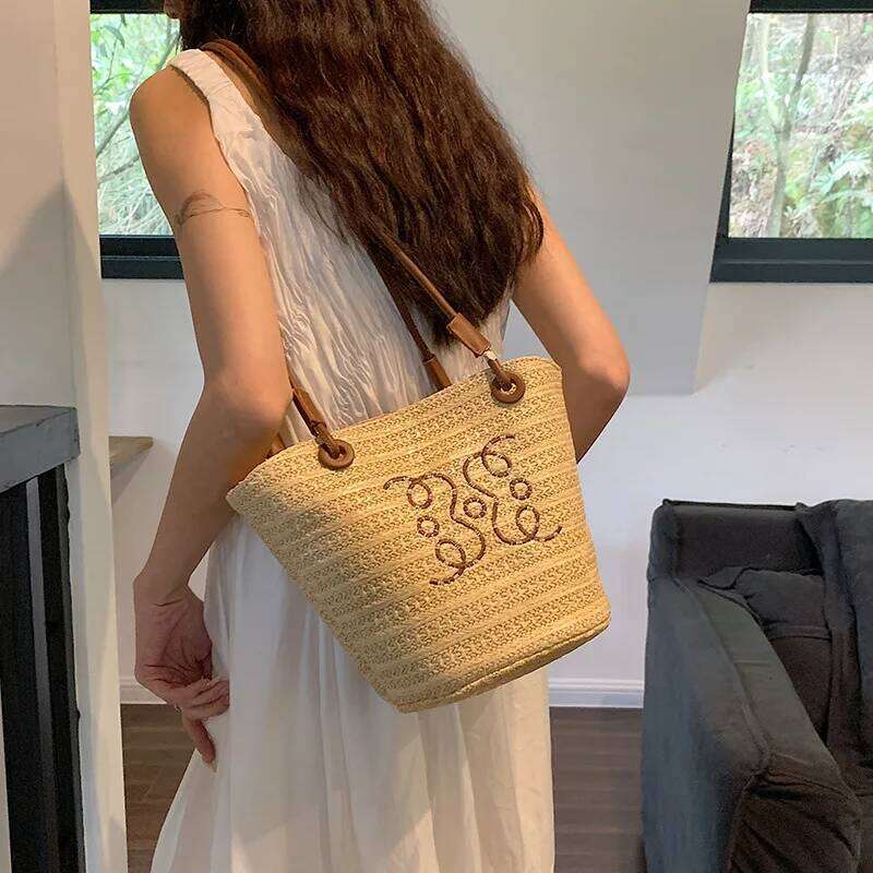 Summer New Vacation Woven Straw Bag, High Quality Seaside Beach Bag for Women, Women's Beach Bags Bucket Bag