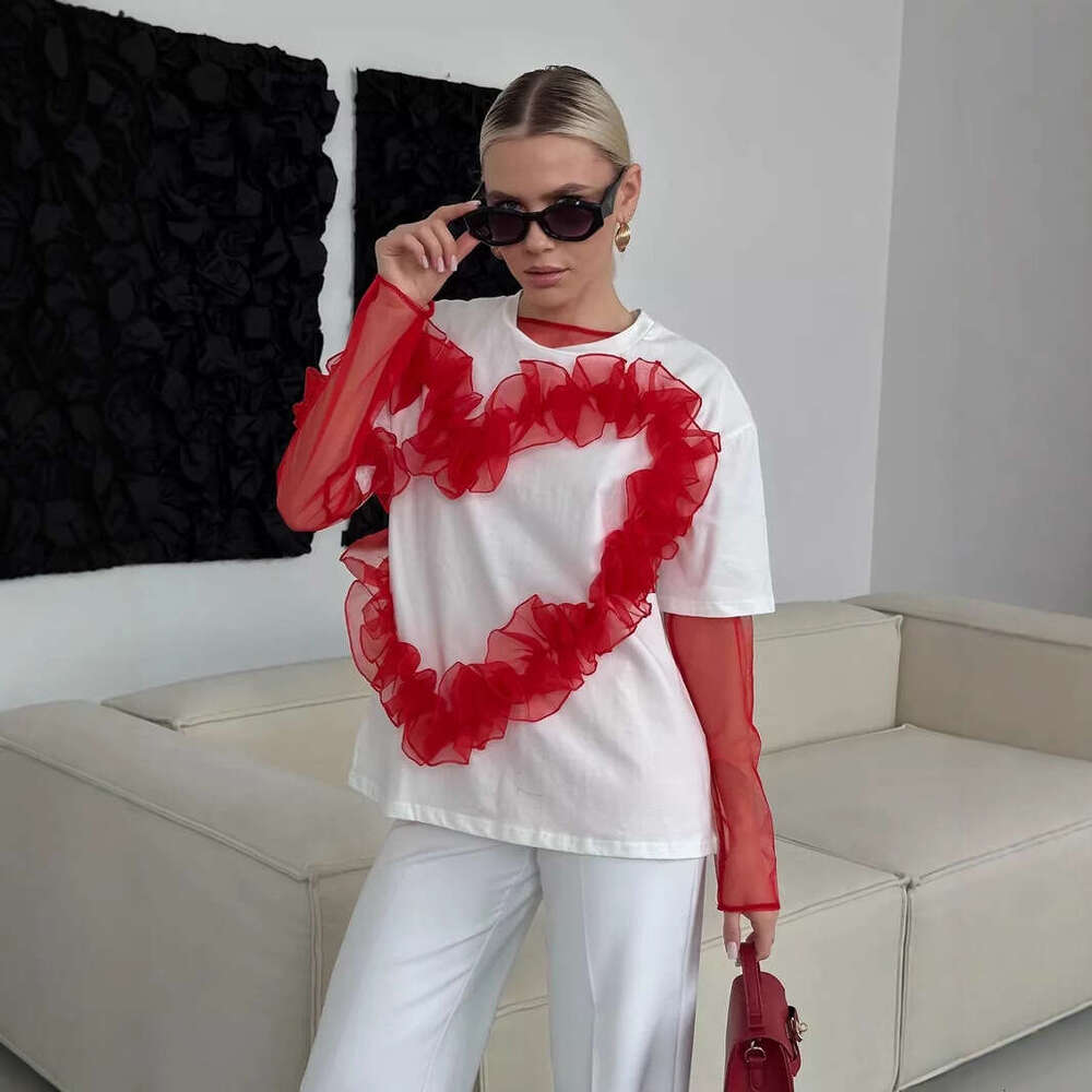 Heart-Shaped Organza Ruched Patchwork T-Shirt For Women Fashionable Ins Style Round Neck Loose Cotton Top B5