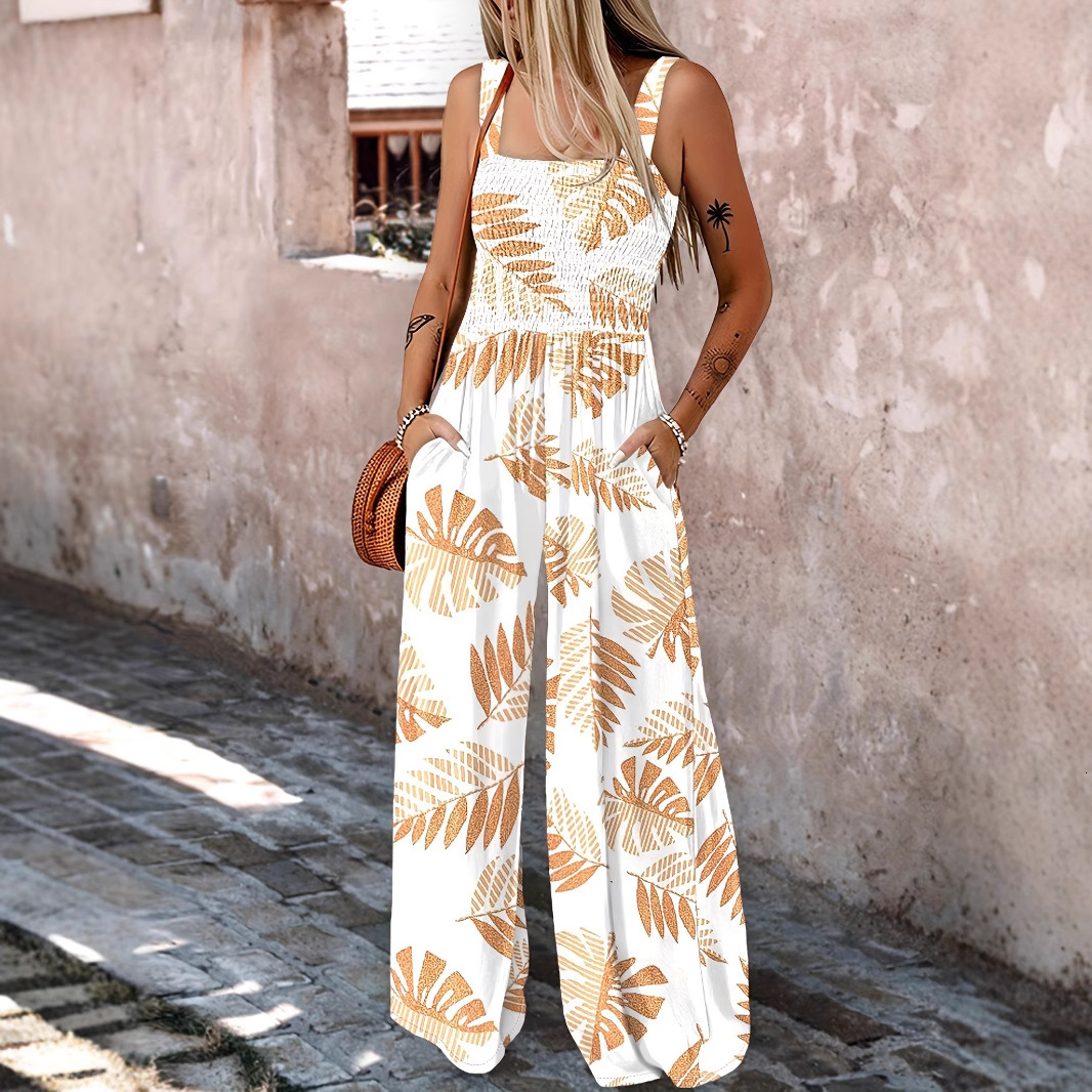 F2146 Womens Summer Strap Plant Color-Block Print Casual Elegant Commuter Wide-Leg Jumpsuit