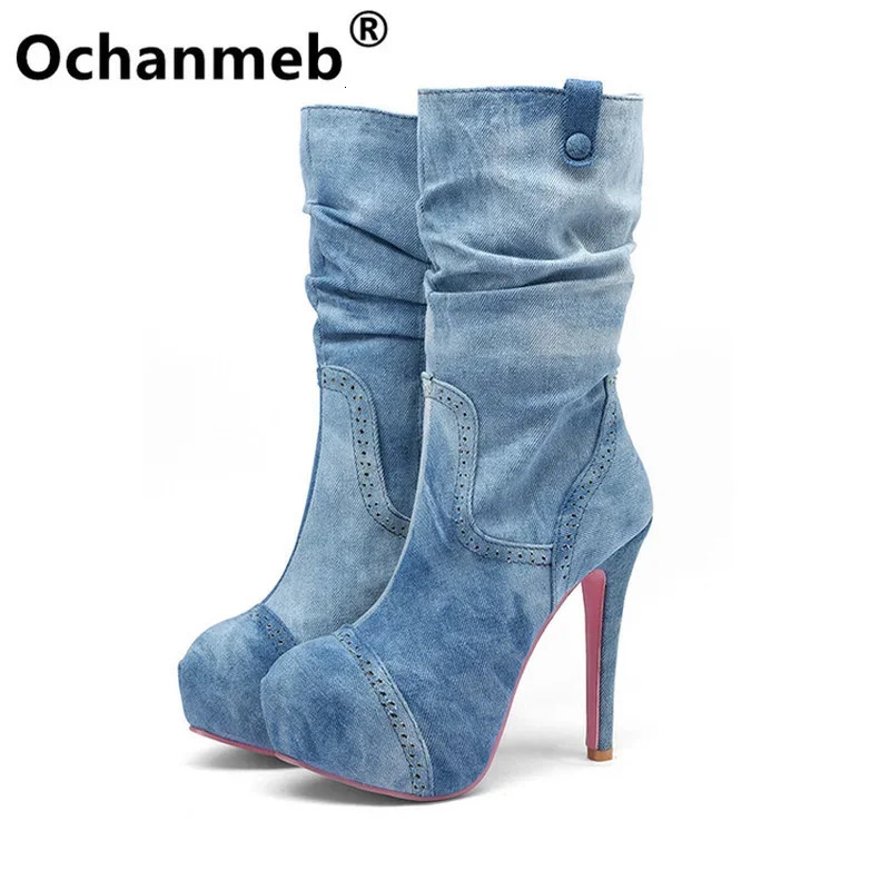 Ochanmeb Sexy Super High Stiletto Heel Pleated Boots Women Blue Denim Round Toe Zipper Jean Boot Ladies Winter Shoes Big Size 43 250729