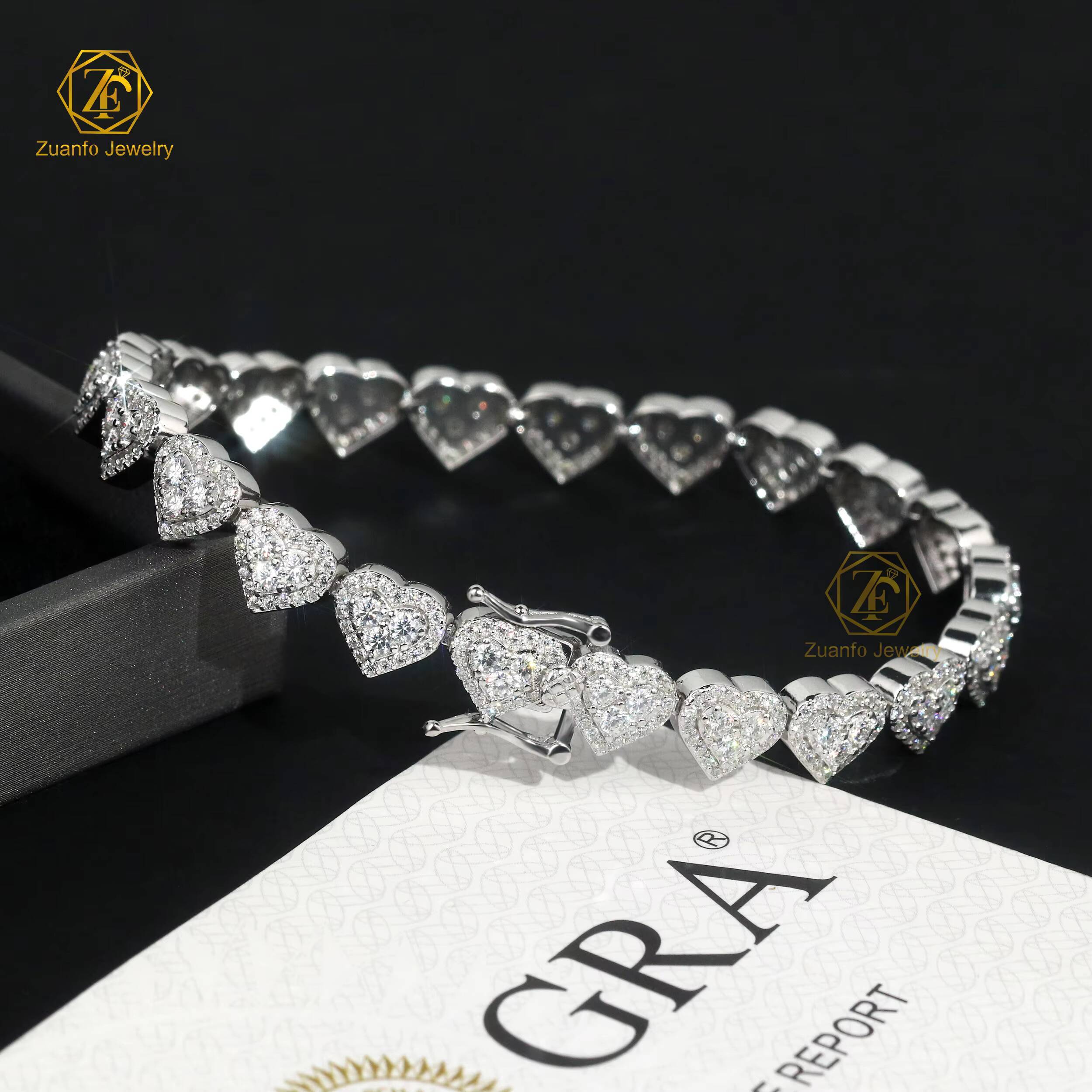 Fine Jewelry 925 Silver Iced Moissanite Heart Necklace Bracelet Choker Cuban Chain Set for Women Men Hip Hop Bling Gift