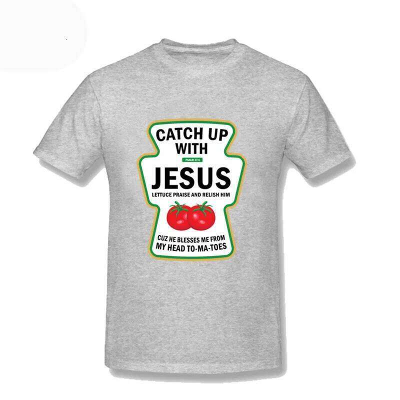 Men Christian Catch Up With Jesus Ketchup T-Shirt Family Student Tee Shirt Men's 100% Cotton Haruku Short Sleeve Tops