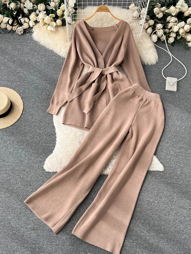 SINGREINY Winter Casual Two Pieces Suits Long Sleeve Knitted Cardigan CoatElastic Waist Wide Leg Pant Female Loose Sweater Sets 250730