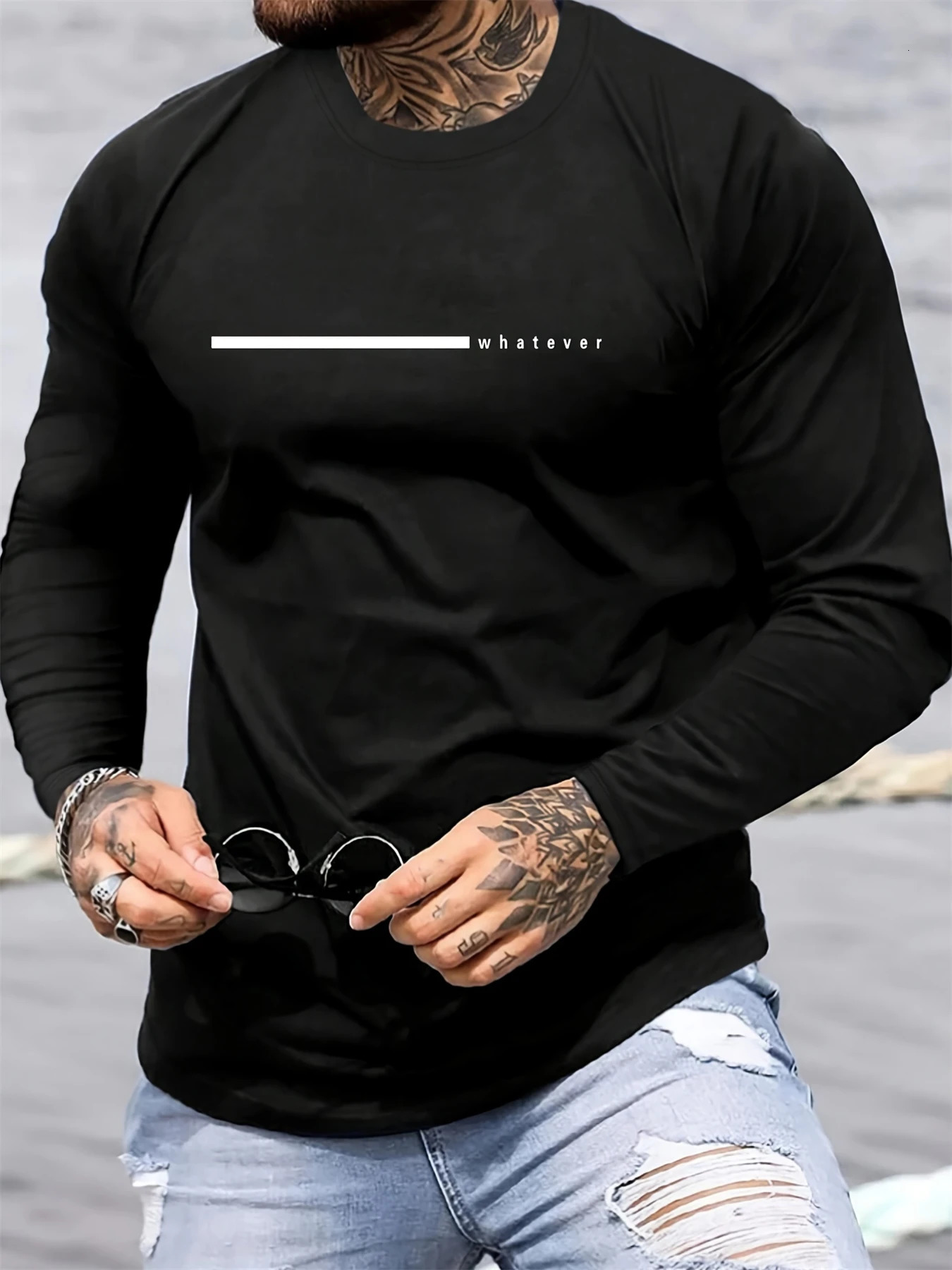 Mens 100% pure cotton loose and comfortable casual sports plus size whatever letter printed round neck long sleeve Tshirt 250729